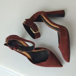JOIE Bordeaux Red Rust Ankle Strap Suede Aglet High Heel Pumps Size 38 EUC $298
